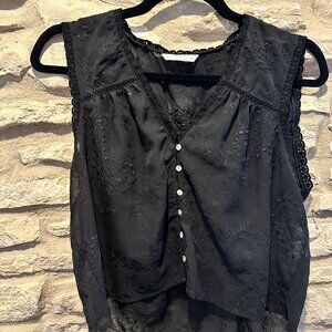 ZARA Sheer Embroidered Button Front Blouse Size S Black